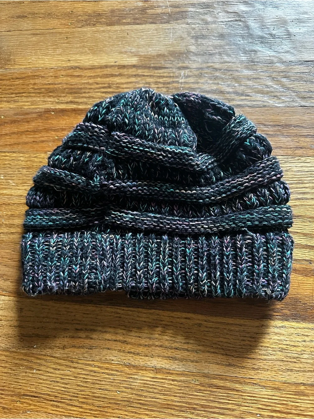 C.C Black Knit Beanie with Teal and Purple Thread Accents